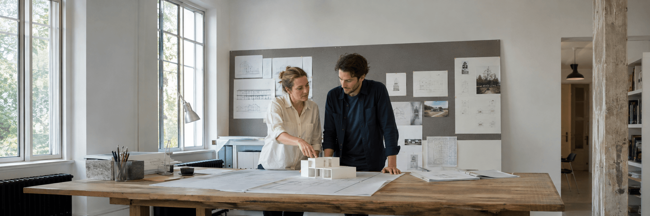 Zwei Personen besprechen ein Architekturmodell und einen Plan im Büro.